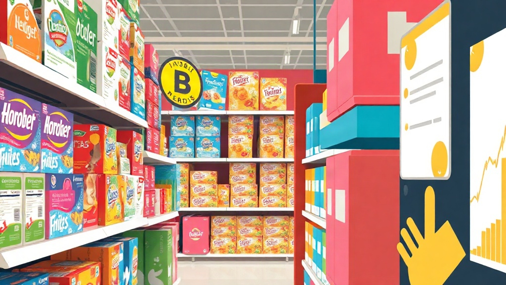 close-up of shelved housewares, colorful branded boxes stacked neatly in a bright discount store aisle