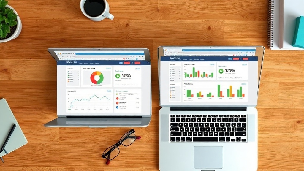 overhead view of two laptops side by side on a wooden desk, each showing different SEO platform dashboards with comparison da